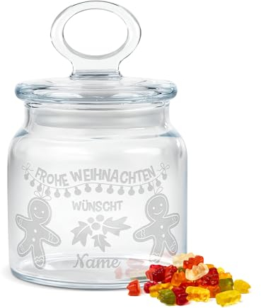 PR Print Royal Personalisierte Keksdose aus Glas mit Gravur - 550 ml - Frohe Weihnachten mit Name und Lebkuchenmann als Geschenk zu Weihnachten für Freunde und Familie, Personalisiertes Geschenk