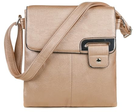 AOSSTA Women's Cross Body Shoulder Messenger Bag Multiple Slip and Zip Pockets Handbag with Storage Pocket Adjustable Strap (Gold)