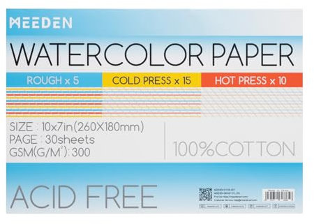 MEEDEN Watercolor Paper Block - 100% Cotton Watercolor Paper Pad of 30 Sheets, 140lb/300gsm, 3 Textures Acid-Free Art Paper for Watercolor, Gouache, Ink and More, 10 x 7
