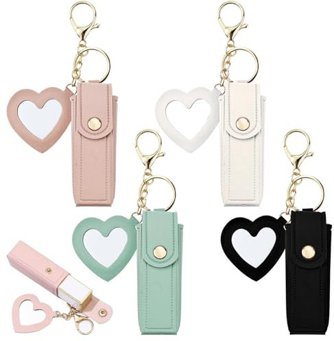 Arvintas Confezione da 4 portachiavi in pelle PU con specchio, rossetto, balsamo per labbra, rossetto, custodia da viaggio per trucchi per donne e ragazze (stile 1)