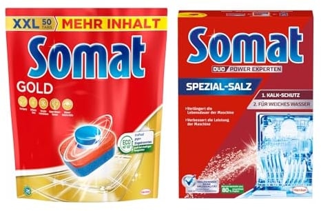 SOMAT Tabs 50 AW Gold, Geschirrspül Tabs für strahlend sauberes Geschirr auch bei niedrigen Temperaturen, Extra-Kraft gegen Eingetrocknetes + Somat Duo Power Experten Spezial-Salz 1,2kg