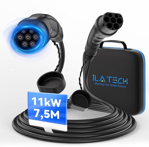 iLa Tech Typ 2 Ladekabel 11kW 7.5M 16A 3 Phasig, Ladekabel Elektroauto Typ 2 mit Tragetasche, Typ 2 auf Typ 2, Mennekes Mode 3 Kabel für E Auto EV PHEV Geeignet für Model 3/S/X/Y Zoe ID.3 ID.4 E-Tron