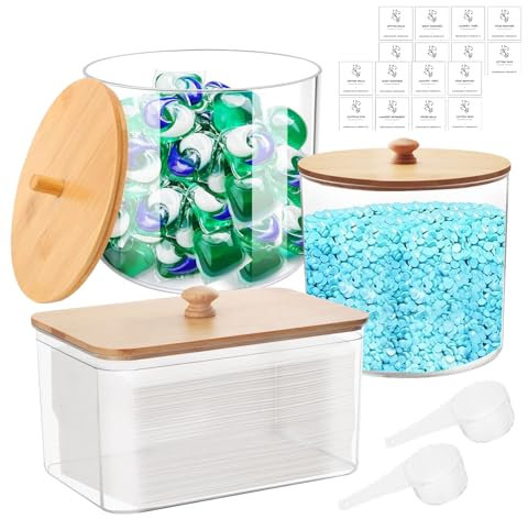 Lot de 3 BoîTe à DéTergent Acrylique, Boîte à Détergent, Boîte à Détergent avec Couvercle avec Couvercle, Boite pour Lessive avec étiquette et Cuillère pour Capsules de Détergent, Boules de Séchage