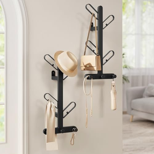 SONGMICS HOME RCR036B01 Lot de 2 portemanteaux muraux, 7 crochets par étagère, en forme d'arbre, avec boutons boules, pour vêtements, chapeaux, sacs, noir encre