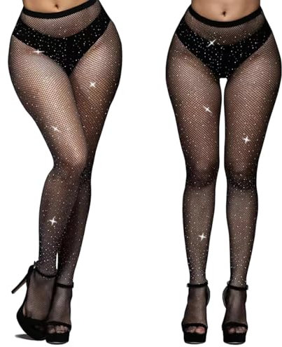 2 Pares Medias de Rejilla de Strass Mujer Medias Brillantes, Medias de Rejilla Elásticas Polainas Brillantes para Fiestas, Bailes, Espectáculos, Juegos de Rol, Halloween