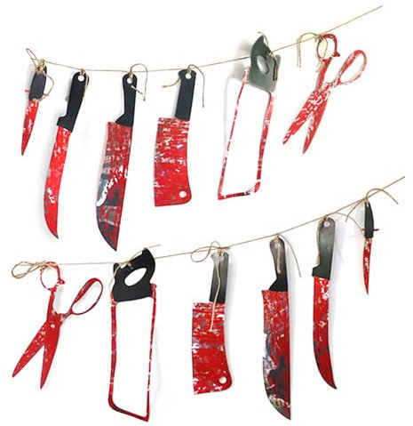 Horror Banner Deko, Blutige Messer Girlande mit Blut, 12 Stück Realistisch Wirkende Schaurig Blutige Messer Säge Girlande, Fake Messer für Vampir Party, Karneval Halloween Weihnachten Party deko