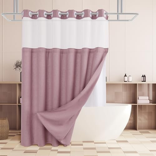 Jowels Linen No Hook Shower Curtain and Liner, Blush Pink No Hooks Shower Curtain Set Top See Through Shower Curtain with Snap in Liner, Hotel Shower Curtains No Hook Water Resistant Fabric, 72x72