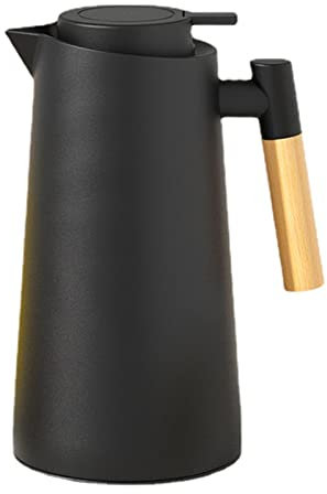 Thermoskanne Isolierkanne, Kaffeekaraffe Für Heißen Und Kalten Tee Kaffee, Mit Einfachem Sicherheitstaster, Holzgriff, Rutschfeste Unterseite, Thermosflasche Für Home Office Hotel (Schwarz,1L)