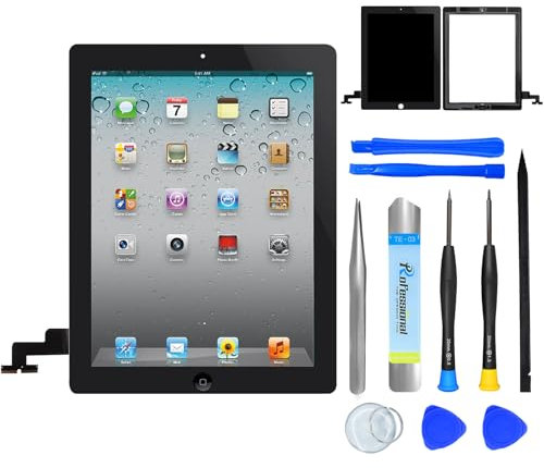 NB+ Bildschirm für iPad 2. Generation, 9,7 Zoll, iPad 2 Digitizer 2011, iPad 9,7 2011, A1395, A1396, A1397, vorinstallierter Klebstoff, inkl. Reparaturwerkzeuge, mit Home-Taste (schwarz)