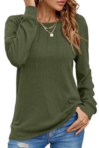 Cuptacc Langarmshirt Damen 2025 Mode Rundhalsausschnitt Sweatshirt Elegant Falten Basic Lang Tshirt Damen Armeegrün Mittel M 38-40
