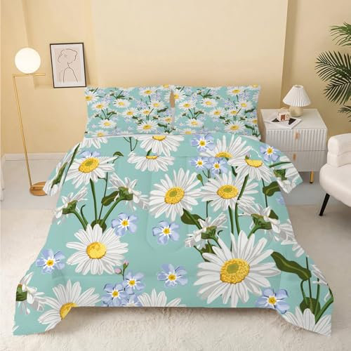 Linfye White Daisies Reversible Blue Plants Duvet, Anti Allergy Double 7.5 Tog Comforter with 2 Pillowcases - A33