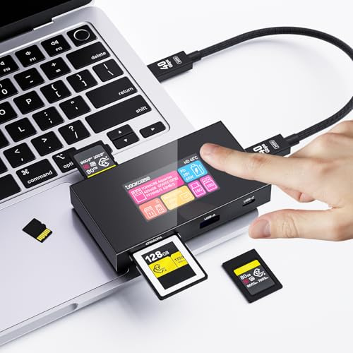 DOCKCASE Smart 8-in-1 Card Reader with Touch Screen, CF express Type B/Type A, UHS‑II SD and microSD Slots, 4K 120Hz HDMI, USB‑C and USB‑A 10Gbps, PD 3.0 100W for Filmmakers,Photographers and Creators