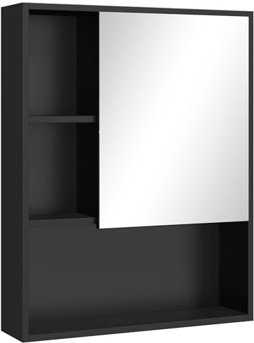 kleankin Armoire de Toilette avec étagères réglables, Armoire de Toilette avec Porte à Faible encombrement, Montage Mural, 60x15x76 cm, Noir