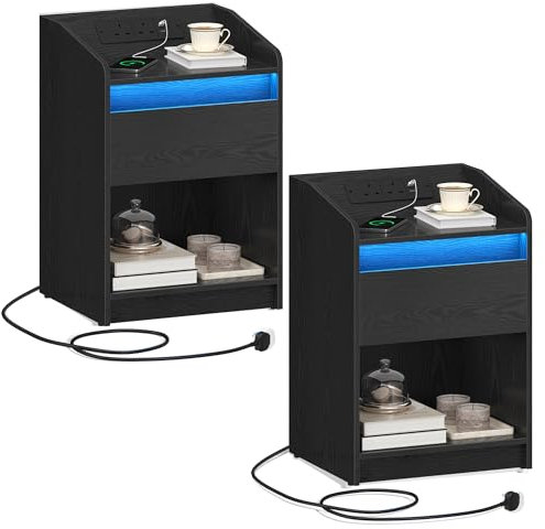 Hzuaneri Bedside Table Set of 2 with LED Light, Bedside Cabinet with Charging Station, 1 Storage Drawer Nightstand for Bedroom, Living Room, 2 USB Port, 2 Outlets, Open Compartment Black NS09104XUK
