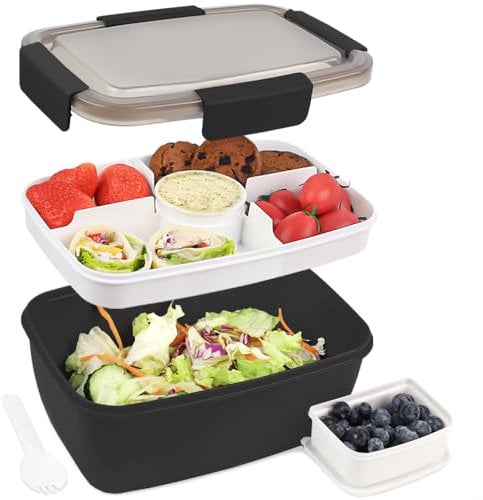 Bugucat Lunchbox Erwachsene 2000ML,Auslaufsichere Brotdose Erwachsene Bento Box mit Fächern für Kinder,Salatbehälter Salatbox to Go mit Gabel,Brotdose Frühstücksbox für Schule Picknick,Schwarz
