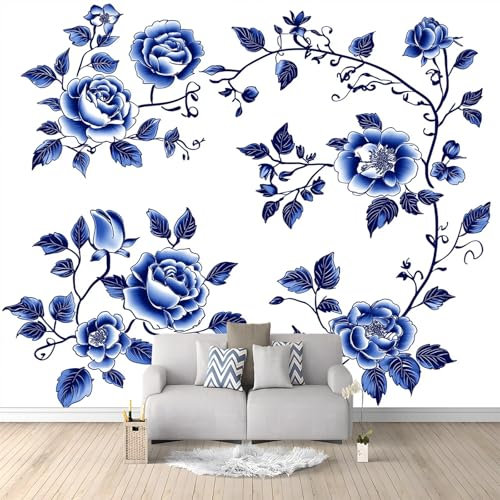 Papier Peint Intissé Éléments Floraux En Porcelaine Bleu Et Blanc 200 x 140 cm Papier Peint Photo Panoramique, Poster Mural Personnalisé 3D, pour Salon Cuisines Chambre Adulte Enfant Décor Murale