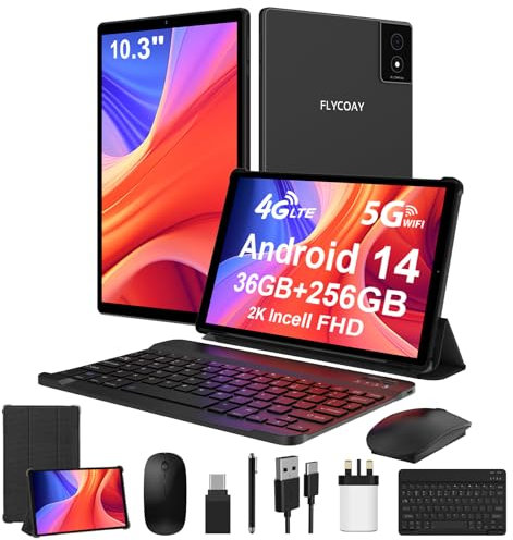 FLYCOAY 2K FHD Tablet 10,3 Inch Android 14,Octa-Core 2.0 GHz, 4G LTE+5G WiFi, 36GB RAM+256GB ROM (2TB TF), 8000mAh,13MP+8MP, GPS/BT5.0, Tablet with Keyboard, Mouse, Metal Body(Black)