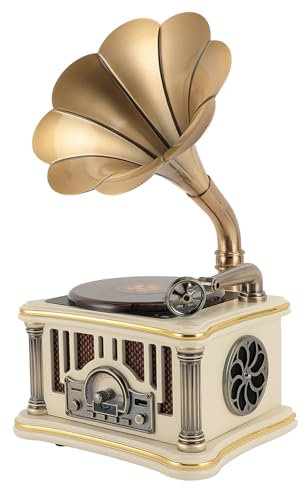 Lecteur CD Rétro de Forme Gramophone Vintage, Haut-Parleur Vintage avec Bluetooth, USB, AUX, Radio FM et Haut-parleurs Intégrés (White)
