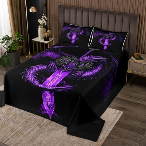 Lila Drachen Tagesdecke für Kinder Jungen, Western Magical Wild Animal Black Coverlet Set Schlafzimmer Dekor Soft gesteppt, dunkelgraues Schwert Cool Style Quilt Set mit 1 Kissen Sham, S Größe