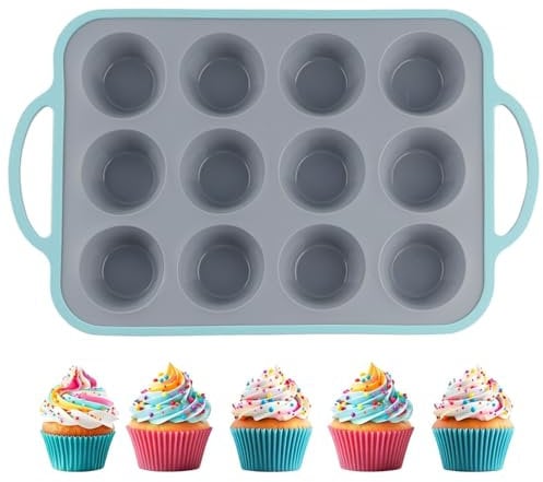 LCUHAVA 12 Cup Mini Muffin Tray Yorkshire Pudding Tray Nonstick Cupcake Tray Silicone Handle Two Toned Suitable for Making Yorkshire Puddings and Muffin Cupcakes (Grey)