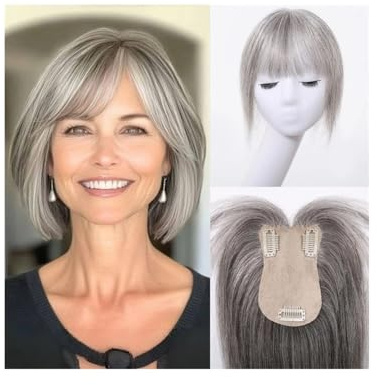 Hair Toppers for Women Human Hair, 360° 3D Cover Middle Bangs HairPieces for Women(Grey)