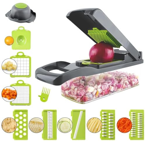 Vegetable Chopper, 14 in 1 Mandoline Slicer Adjustable Food Chopper Vegetable Cutter, 7 Replaceable Stainless Steel Veg Cutter with Hand Guard Julienne Grater for Cutting Onion Potato Fruit Salad