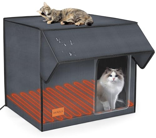 Katzengehege für den Außenbereich, beheizt für den Winter, 100 % wasserdicht, Oxford-Plane mit sicherer Fluchttür, 5,1 cm, erhöhter Metallsockel mit Heizung für wilde Scheune, Katze, Kätzchen, 4