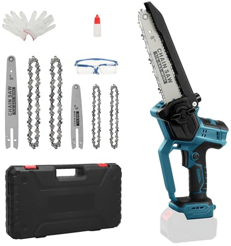 Akku-kettensäge 8 & 6-Zoll kompatibel mit Makita 18V-Akku (ohne Batterie) | bürstenlose Mini Kettensäge, mit Automatische Kettenschmierung, 2 Platten, 4 Ketten, Handschuhe, Schutzbrille und Koffer