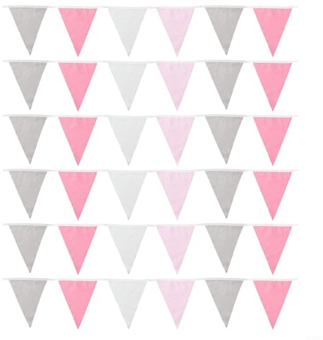 Banderole en tissu pour mariage, anniversaire, fête prénatale, 10 m avec 36 drapeaux triangulaires pour décoration d'événement (rose, gris, blanc)