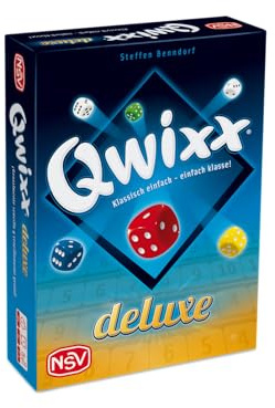 NSV QWIXX Deluxe - Würfelspiel, abwischbare Tableaus und Stifte | mehrfach verwendbar inkl. 4 Tableaus, 4 Filzstifte, 6 Würfel