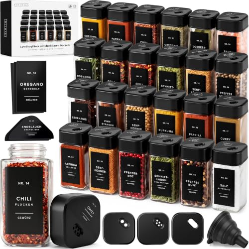 EDELHAUS Gewürzgläser Eckig Set mit Schwarzem Verstellbarerem Deckel 24x | 120ml Gewürzstreuer mit 240 Etiketten Schwarz - Hochwertige Gewürzbehälter, Gewürzdosen, Gewürze organizer inkl. Trichter