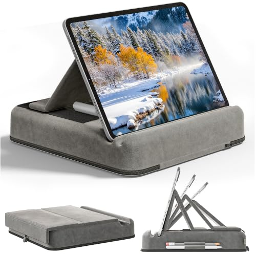 Tablet Pillow Stand, Multi-Angle Foldable iPad Holder for Bed, Sofa, Desk, Lap, Soft Pad Dock with Storage Pocket & Stylus Mount, for 4.7-13 Devices iPad,iPhone,E-Reader,Books (Grey)`