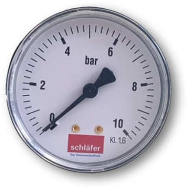Schläfer 0930160 | Hydraulisches Manometer Anschluss Axial G1/4 0-10 bar Skala 63 mm für Luft-Wasser-Heizungssysteme Hydraulische Druckanzeige, Manometer für Gdruckminderer