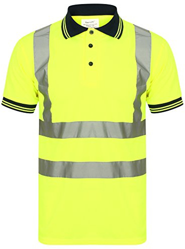 HuntaDeal Hi Viz VIS High Visibility Polo Shirt Reflective Tape Safety Security Work Button T-Shirt Breathable Lightweight Double Tape Workwear Top