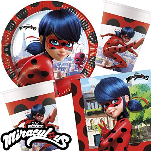 37-teiliges Partyset * MIRACULOUS LADYBUG * mit Pappteller + Servietten + Becher + Deko für Kindergeburtstag oder Superheldinnen-Mottoparty | Marienkäfer Motto Party Set Geburtstag