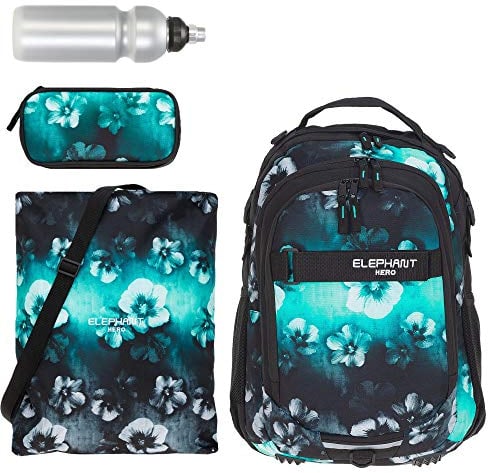 Schulrucksack 4 Teile Set Elephant Hero Signature Jungen Mädchen Rucksack Sportbeutel Mäppchen Flasche 12723 (Flower Schwarz-Türkis (Verlauf))