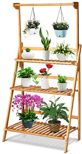GOPLUS Support Plantes Interieur en Bambou à Latte Naturel de 3 Niveaux, Porte Plante Interieur à Fleurs Pliable et Réglable en Hauteur, Décorative pour Jardin, Balcon, Fleuriste, 70 x 40 x 120-144 CM
