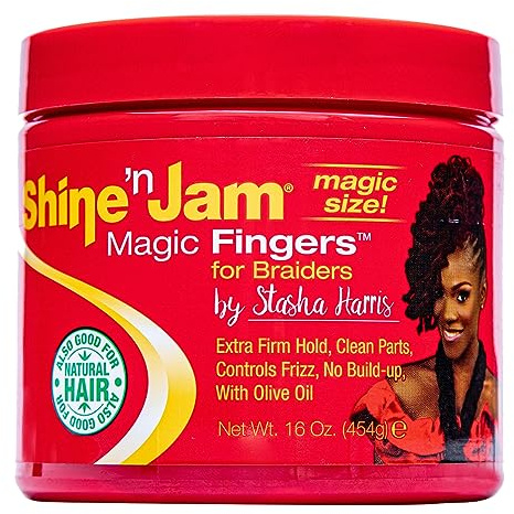 Ampro Shine-n-Jam Magic Fingers Gel für Zöpfe, bietet festen Halt mit nicht fettendem Glanz, stärkt das Haar mit Seidenproteinen, funktioniert bei jeder Haarstruktur und ermöglicht die Erstellung zah