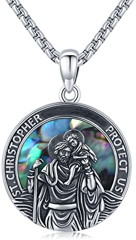 Heiliger Christophorus Kette Damen Herren Halskette 925 Sterling Silber Heiliger Christophorus Anhänger Halskette Jesus Religiöse Medaille Schmuck Geschenke für Männer Ehemann Bruder