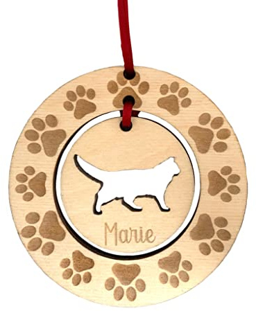 Personalised Norwegian Forest Cat Hanging Decoration with Paw Wreath, Christmas Tree Ornament, Xmas Gift, Wooden Bauble, Custom Cat, Kittens
