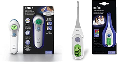Braun No Touch + forehead thermometer, BNT300 & Digital StickThermometer with Age Precision, PRT2000
