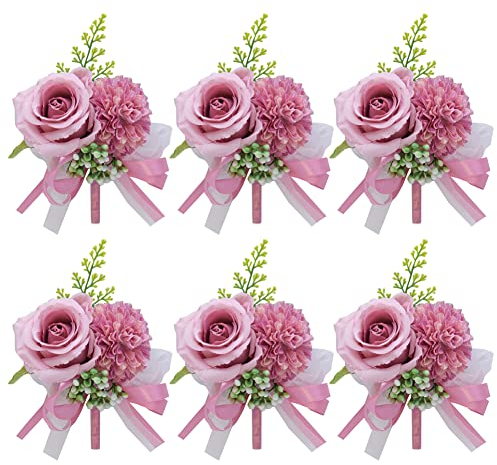 Uposao 6 Stück Boutonniere Rose Hochzeit Künstliche Handgefertigte Satin Hochzeit Ansteckblume bräutigam Trauzeugen Handarbeit Corsage Knopfloch Blumen für Bräutigam Herren Braut Frauen,Lila