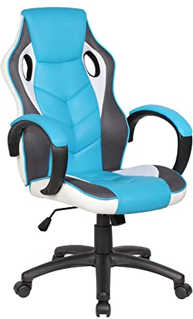 Dmora - Chaise à roulettes Caloundra, Fauteuil de Jeu Adulte, Chaise de Bureau, 66x61h104/114 cm, Bleu Clair et Blanc