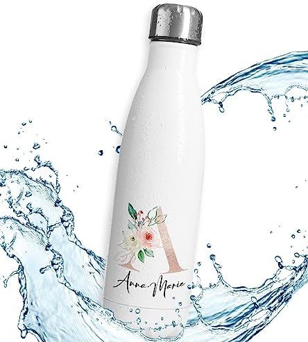 timalo® Thermosflasche | Initialen Blumen | personalisiert mit Namen auslaufsichere Edelstahl Trinkflasche Wasserflasche Muttertag Geschenk für Frauen 750mL | A