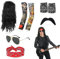 BIQIQI Rocker Outfit Herren, 6pcs Herren Kostüm Rock Star 70er 80er 90er Jahre, Herren Rockstar Kostüm mit Bart Kopftuch Sonnenbrille Handschuhe Geblümte Arme Disco Rockstar Perücke für Männer Frauen