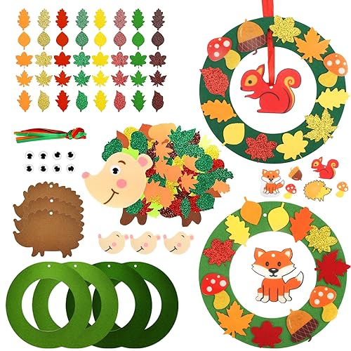 YIMAKJ Herbst Kränze Bastelset für Kinder, 12 Stück Igel Filz Bastelset Herbst Kinder, Herbst Basteln für Kinder, Kreativsets und Bastelbedarf, Herbstkranz Mit Igel, Eichhörnchen, Fuchsmuster