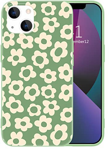 MAYCARI Flower Phone Case for iPhone 14 Plus, Green Liquid Silicone Girly Cases,Cartoon Soft Gel Rubber Full-Body Protective Microfiber Lining Shockproof Cover for Boys, Women, Men