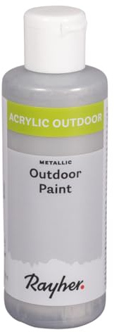 Rayher Outdoor Paint Acrylfarbe Metallic, brill. silber, Flasche 80 ml, auf Wasserbasis, hochpigmentierte Acrylfarbe, ideal für den Außenbereich, wetterfest, lichtecht, witterungsbeständig, 35072610