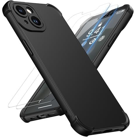 ORETECH for iPhone 13 Case,with [ 2 x Tempered Glass Screen Protector ] [Heavy Duty Protection] 2 in 1 Thin Slim Fit Rubber Bumper iPhone 13 Phone Case Cover - Black