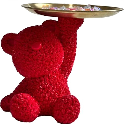 BLOOOK Statue Skulptur,Bär Figur Dekorative Tablett,Bären Skulpturen mit Dekotablett,Teddy Bär Deko Figuren Schlüsselschale,Dekoschale für Dessert Kosmetik Schmuck Kerzen (Rot)